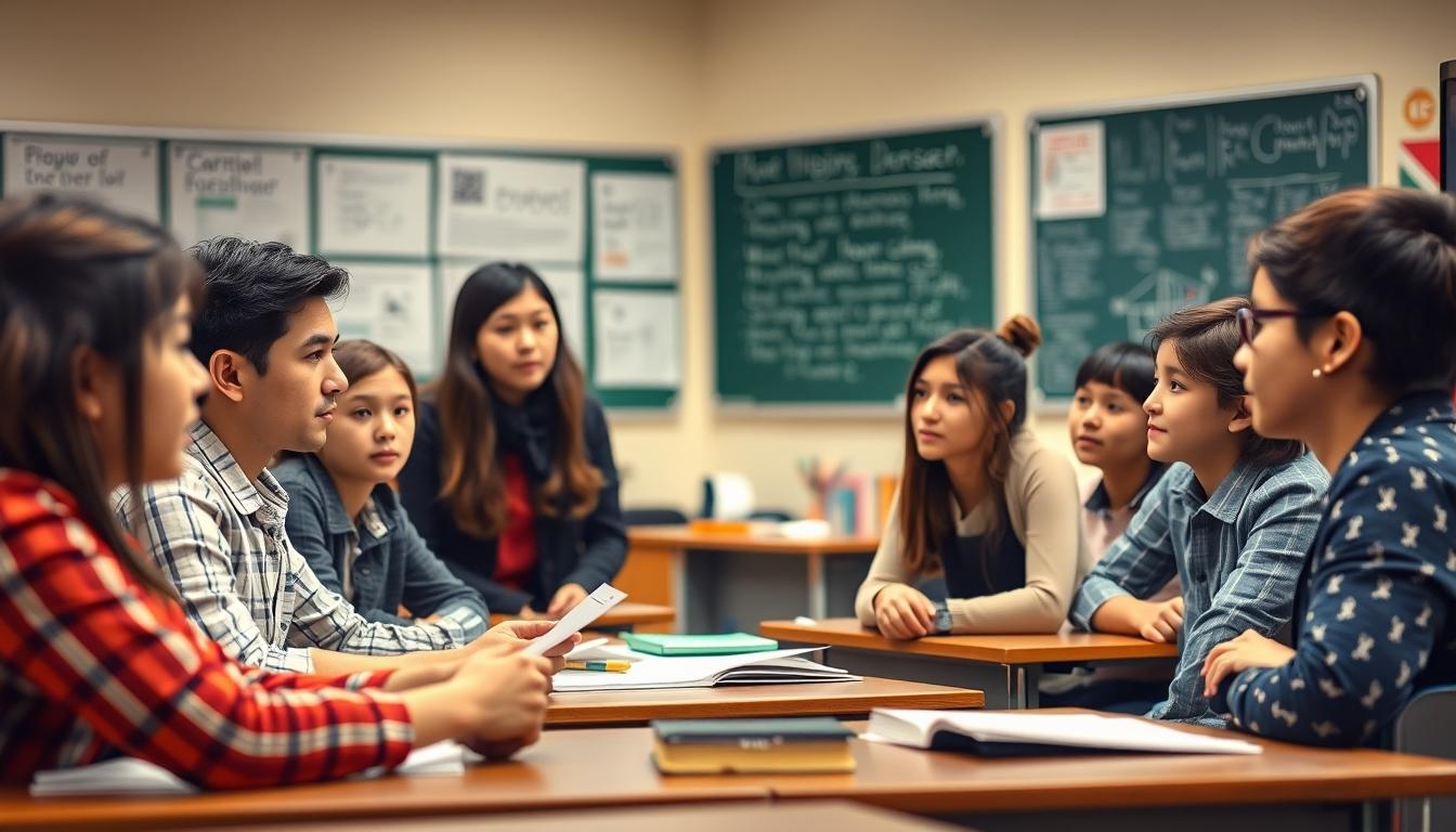 Students studying together in modern classroom